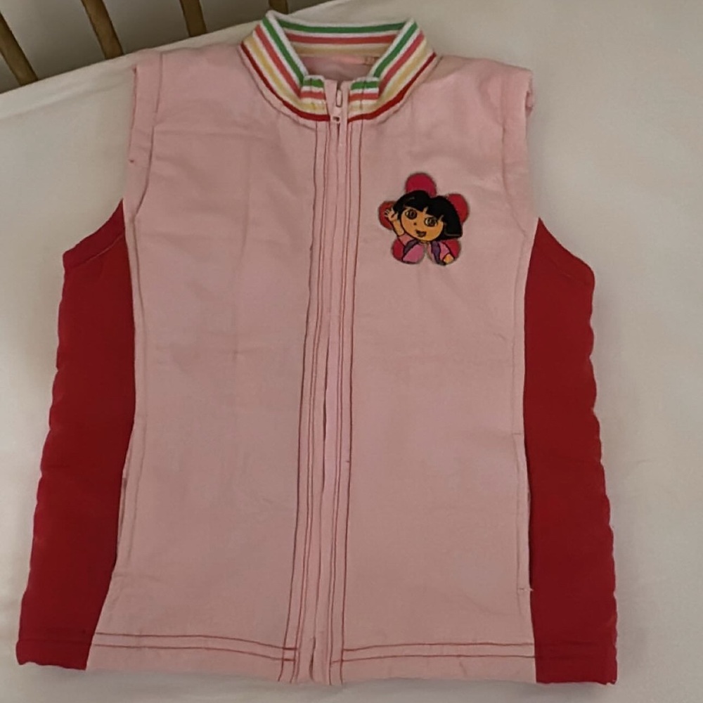 Vintage kids girls Dora pink puffer vest with rainbow collar